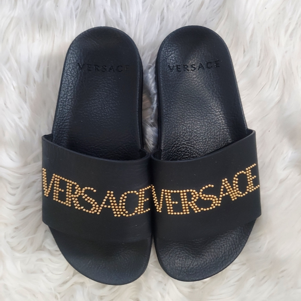 Versace Gold and Black Slippers Luxurious Slide Design